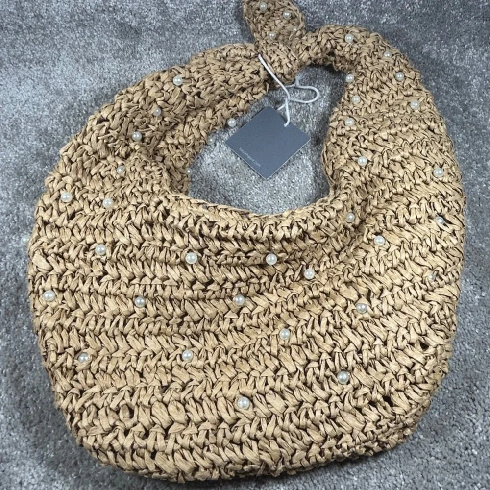 Haute Hippie Hobo Bag Tan Faux Pearl Straw Knotted Handle Women Purse